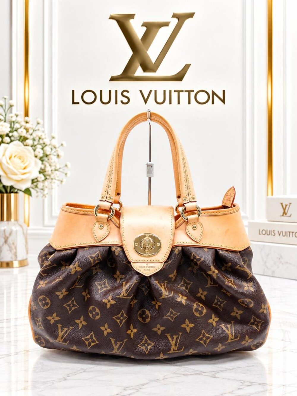 Authentic Louis Vuitton Boehme MM Monogram Canvas Shoulder Bag Brown Leather
